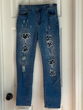 Blue Skinny Jeans with Checker Patch Distressed Detail